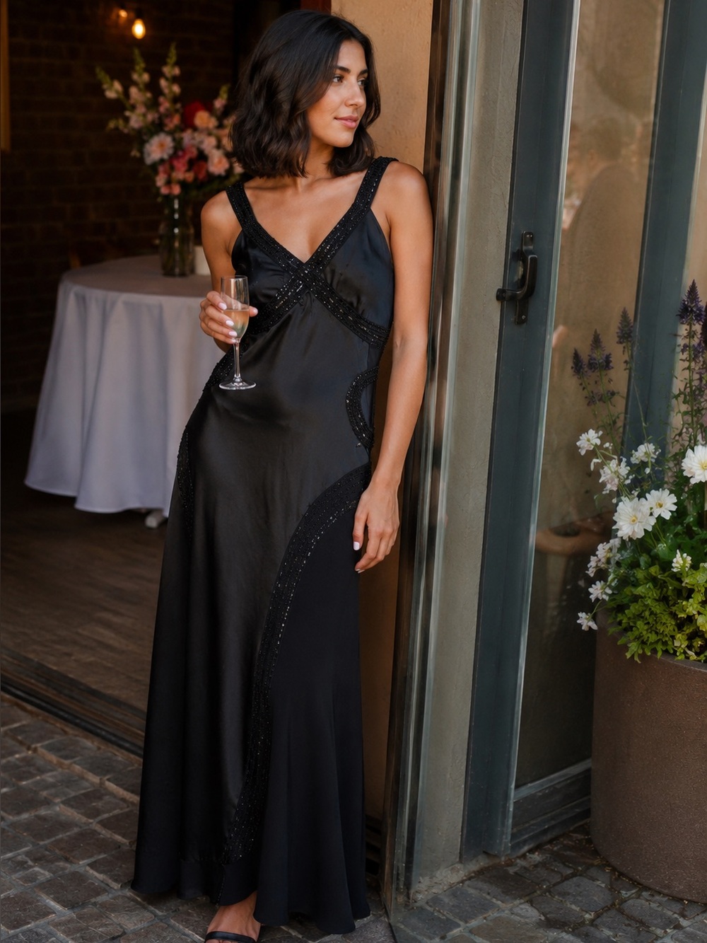 Black Beaded Maxi Evening Dress – Wedding Guest/Formal